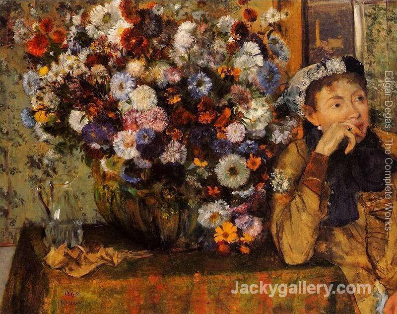 A Woman Seated beside a Vase of Flowers by Edgar Degas paintings reproduction